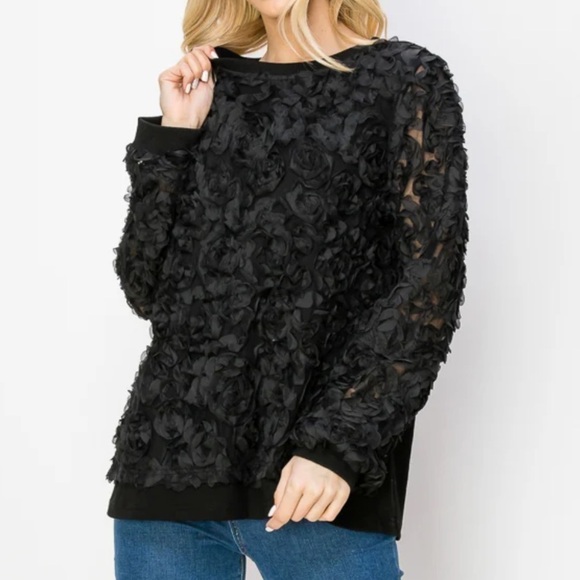 💕 Joh Apparel Raquel Top with Lace Flower Swirls Black Cotton Size S - Picture 2 of 10